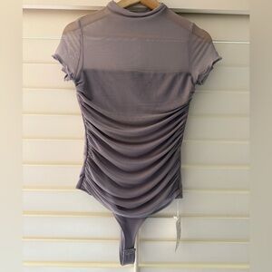 ReoRia Lavender Cap Sleeve Ruched Mesh Bodysuit